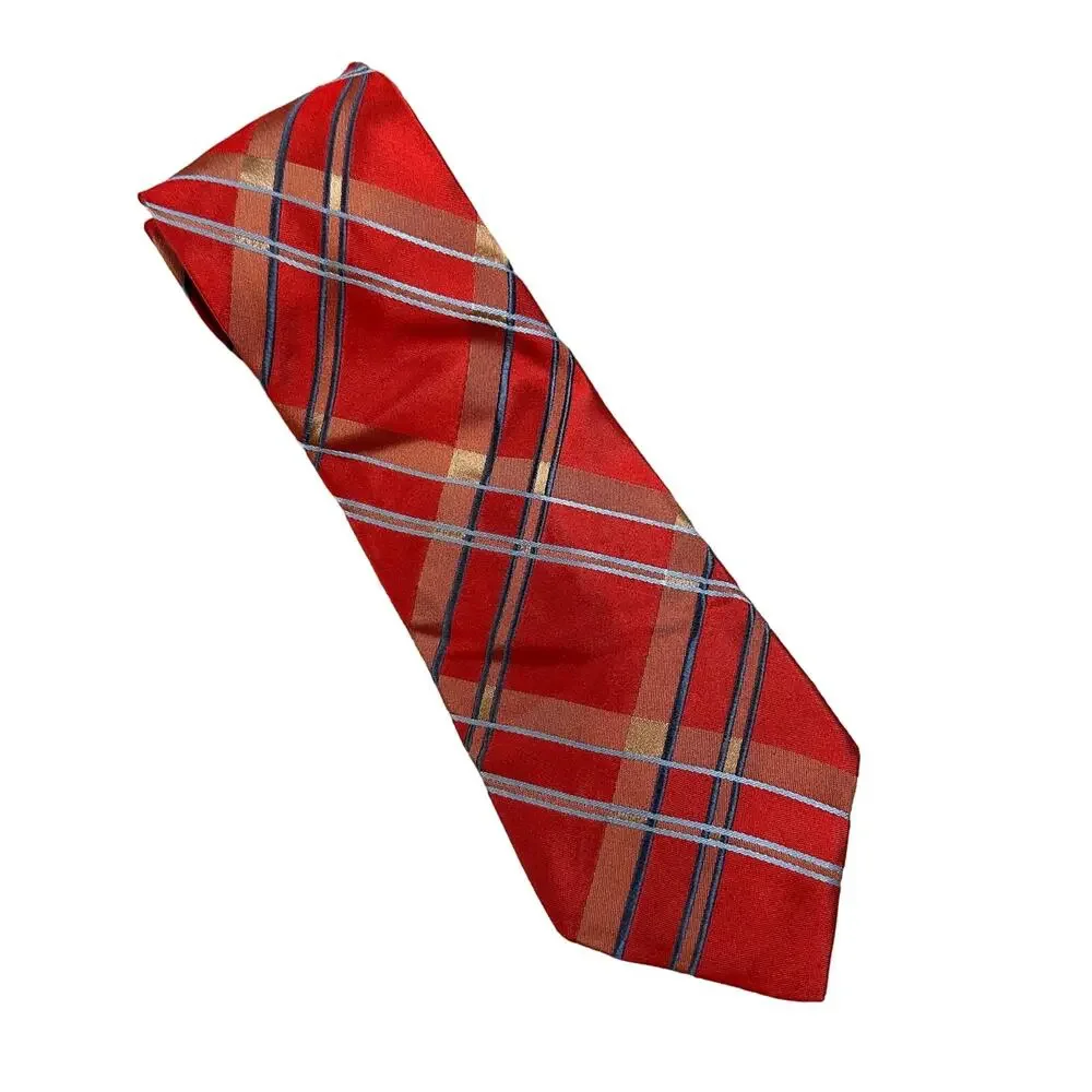 Ike Behar New York Silk Tie Red Tartan Plaid Blue